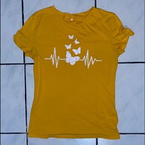 Shein; Yellow Mustard Butterfly Heartbeat Line 💓 T-shirt